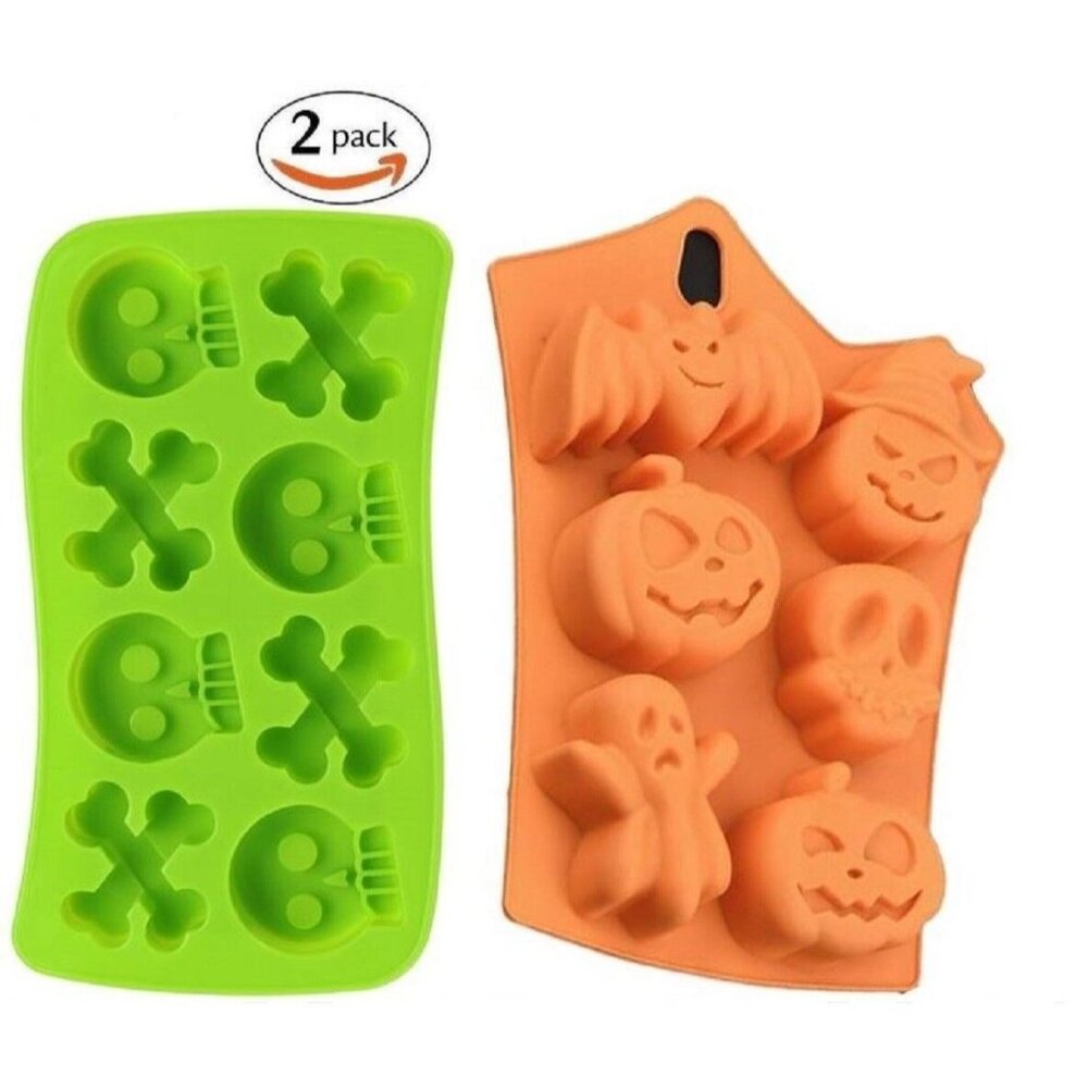Set 2 Silicone Halloween Soap Bath Bomb Cake DIY Molds Party Pumpkins Skulls Ice